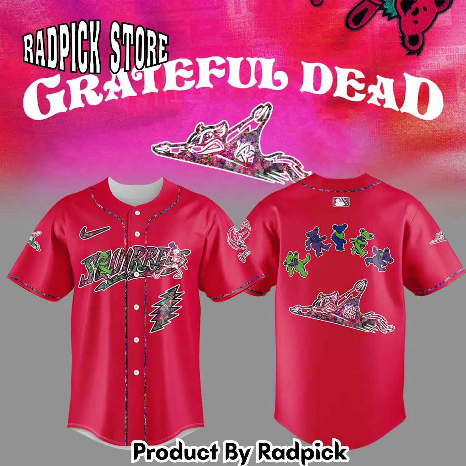 Radpick richmond flying squirrels grateful dead night red baseball jersey rp127196